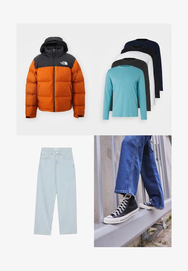 The North Face RETRO NUPTSE JACKET - Dūnu jaka - earthen copper/black; Pieci garie piedurkņu T-krekli rindā: tirkīza, melna, balta, tumši pelēka un jūras zila. Mīksts audums ar apaļu kakla izgriezumu un standarta piegriezumu.; Gaiši zilas platās kājas džinsi, kas izgatavoti no denima, ar vidēju jostas augstumu, piecām kabatām un pogas aizdari ar šauru metāla akcentu.; Melnas augstas kedas ar baltu zoli un auklām, apvienotas ar brīvām zilām džinsām, atpūšoties uz pelēka margotā balsta.