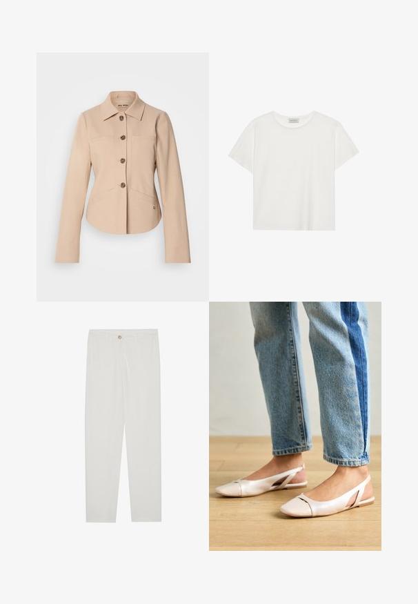 Light beige jacket made of soft fabric, featuring a collared neckline, front button closure, two chest pockets, and a fitted silhouette.; White short-sleeve T-shirt made of soft cotton. Features a round neckline and relaxed fit. Clean design with no visible patterns or accents.; White, tailored trousers with a straight leg design, featuring a button closure, belt loops, and side pockets; smooth fabric texture.; Pale pink slingback flats with a pointed toe, made from a smooth leather-like material. Features cut-out details at the sides and a flat heel.