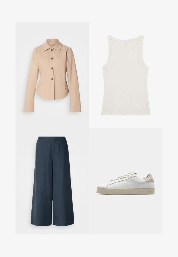 Ljusbeige jacka i mjukt tyg, med krage, framslutning med knappar, två bröstfickor och en figursydd silhuett.; Vit bomullstopp med vid halsringning och tunna axelremmar. Slät textur utan synliga mönster eller dekorationer.; Breda byxor i marinblått, tillverkade av lättviktig tyg. Har en något texturerad yta, elastisk midja och framseams.; Vit lädersneaker med en slät yta, beige mockadetaljer, rund tå, platt snörningsdesign och en texturerad gummisula.
