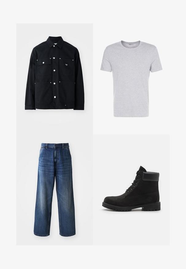 Black canvas jacket with two chest pockets and two lower pockets. Features silver snap buttons and a heart-shaped logo on the left pocket.; Gray cotton t-shirt with a crew neck, short sleeves, and a plain design, featuring a soft, smooth texture and no visible patterns or embellishments.; High-waisted blue denim jeans with a wide-leg design, featuring subtle fading, front pockets, and a button closure at the waist.; Black lace-up ankle boot with padded collar and rugged sole, shown in profile against a white background.