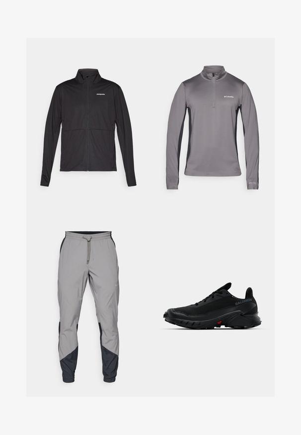 Sort Patagonia hættejakke med lynlås, lange ærmer og høj krave, vist fladt på en hvid baggrund.; Grå langærmet pullover med halv lynlås, struktureret stof, kontrasterende sorte sidestykker og lille logo på brystet.; Lettere, grå atletiske bukser med sorte detaljer. Elastisk talje, snøre lukning, tapered ben-design og sidelommer.; Sorte sportssko med en tekstureret overdel, rund tå og fremtrædende gummisål. Har et logo på siden og røde detaljer på sålen.