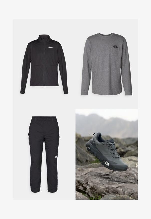 Black Patagonia zip-up jacket with long sleeves and high collar, displayed flat on a white background.; The North Face M L/S SIMPLE DOME TEE - Long sleeved top - medium grey heather; The North Face WINTER EXPLORATION TAPERED CARGO - Outdoor trousers - black; Grey trail running shoe with a textured upper, durable rubber sole, and reinforced toe cap. Features laces and brand logo on the side.