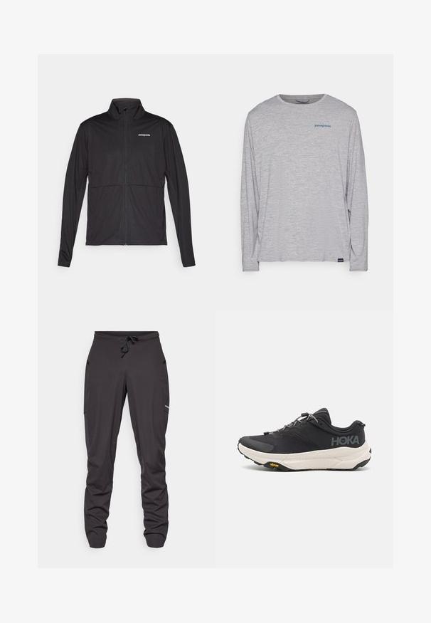 Čierna zip-up bunda Patagonia s dlhými rukávmi a vysokým golierom, vystavená na bielom pozadí.; Svetlošedé tričko s dlhým rukávom vyrobené z mäkkého, textúrovaného materiálu. Obsahuje okrúhly výstrih a malú modrú Patagonia logo na hrudi.; Čierne atletické nohavice so šnúrkou v páse, bočnými vreckami, mierne pokrčenou tkaninou a malým viditeľným logom na pravej stehne.; Čierne športové topánky s textúrovaným zvrškom, sivými akcentmi, reflexnými detailmi a hrubou bielou podrážkou s logom Vibram.