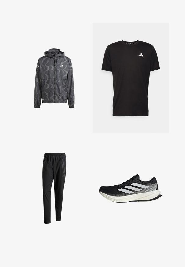 Black windbreaker jacket with a wavy gray pattern, zip front, and hood. Features reflective accents and elastic cuffs for a snug fit.; Black cotton t-shirt with short sleeves, crew neckline, and a white logo on the left chest. Smooth texture and simple design.; Black athletic pants with an elastic waistband, two zippered side pockets, tapered legs, and a subtle logo detail on the hip.; Black athletic shoe with a mesh design, featuring white stripes, a rounded toe, and a textured sole for grip and support.