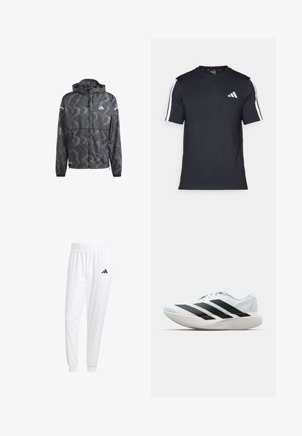 Black windbreaker jacket with a wavy gray pattern, zip front, and hood. Features reflective accents and elastic cuffs for a snug fit.; Black T-shirt made of cotton with short sleeves, featuring white stripes on the shoulders and a white logo on the left chest.; White athletic pants made of smooth fabric, featuring an elastic waistband and fitted cuffs, with a black logo on the back pocket.; Lightweight running shoes in pale blue with black stripes. Features a smooth upper, round toe, and thick white midsole labeled "LIGHTSTRIKE PRO."