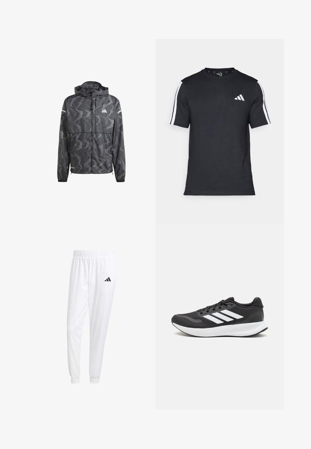 Zwarte windbreakerjas met een golvend grijs patroon, rits aan de voorkant en capuchon. Heeft reflecterende accenten en elastische manchetten voor een goede pasvorm.; Zwarte T-shirt van katoen met korte mouwen, met witte strepen op de schouders en een wit logo op de linkerkant van de borst.; Witte sportbroek van gladde stof, met een elastische tailleband en smalle taillebanden, voorzien van een zwart logo op de achterzak.; Zwart sportief schoen met ademend mesh bovenwerk, witte accenten en een gevoerde zool. Beschikt over een logo met drie strepen aan de zijkant.