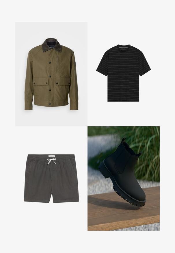 Olive green jacket made of textured fabric, featuring a brown corduroy collar, snap buttons, two front pockets, and a zippered chest pocket.; Black short-sleeve t-shirt featuring thin white horizontal stripes. Made from soft fabric with a crew neckline and relaxed fit.; Gray swim trunks made of soft fabric, featuring an elastic waistband with a white drawstring, stitched detailing, and side pockets.; Black ankle boot with a smooth finish, elastic side panels, and a thick, rugged sole. Set against a natural backdrop on a wooden surface.