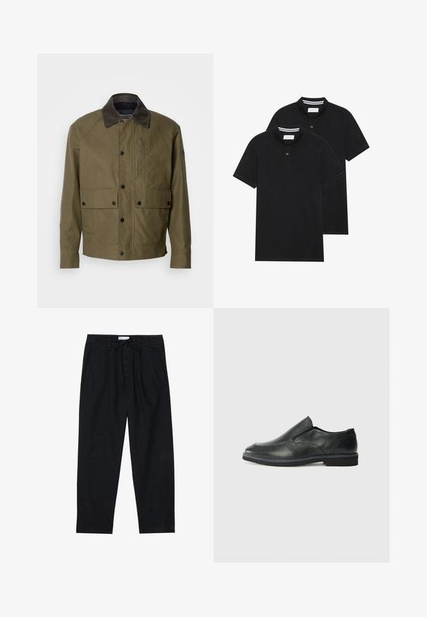 Olive roheline jakk, mis on valmistatud tekstureeritud kangast, pruuni kootud krae, nööpsulgurite, kahe esitasku ja tõmblukuga rinnataskuga.; Kaks musta polo särki, lühikeste varrukatega, puuvillane materjal, klassikalise kraega, kahe nupuga kinnitusega, valgete triipudega krae sisepinnal.; Pier One Chino-püksid - black; Must musta laia suuga king, millel on sile ülemine osa, õmmeldud detailid, ümmargune nina ja madal kummist konts. Tallal on minimaalne mustr.