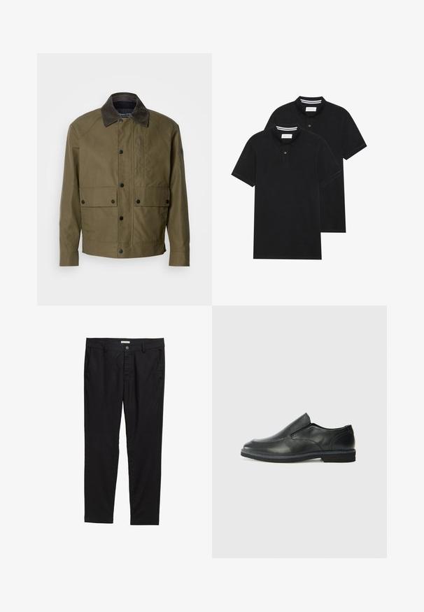 Jachetă verde măslinie dintr-un material texturat, cu o guler din catifea maro, nasturi tip snap, două buzunare frontale și un buzunar pe piept cu fermoar.; Două tricouri polo negre, cu mânecă scurtă, din material de bumbac, având un guler clasic, deschidere cu două butoane și accente albe cu dungi în interiorul gulerului.; Pantaloni negri dintr-un material neted, cu închidere prin buton, două buzunare frontale și o croială ajustată.; Pantof de piele neagră, tip slip-on, cu un superior neted, accente cusute, vârf rotunjit și un toc jos din cauciuc. Talpa are un profil minim de aderență.