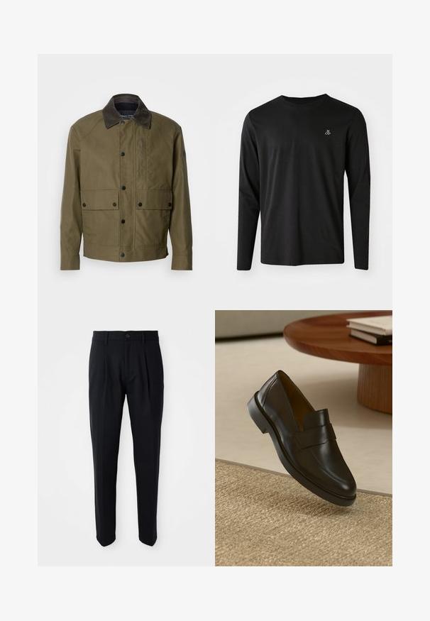 Olive green jacket made of textured fabric, featuring a brown corduroy collar, snap buttons, two front pockets, and a zippered chest pocket.; Black long-sleeve t-shirt made of cotton, featuring a crew neckline and a small white logo on the left chest area. Simple design.; Black tailored trousers with front pleats, button closure, and belt loops, displayed against a white background.; Black leather loafer with a smooth finish, a rounded toe, and a decorative strap across the upper. Low rubber heel, set against a textured surface.