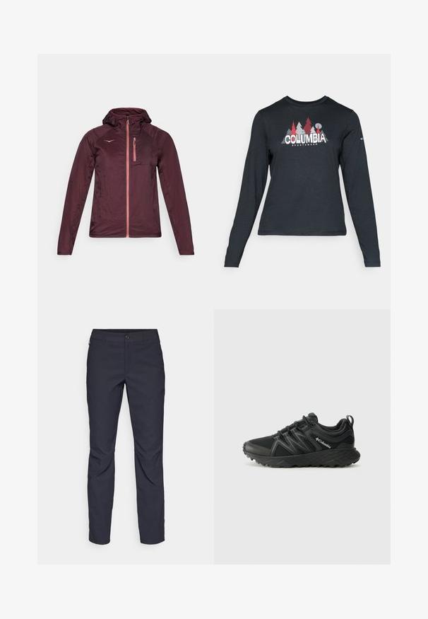 Giacca leggera color mogano con cappuccio, chiusura a zip frontale e una tasca rosa come accento. Presenta una texture liscia e un design sartoriale.; Maglietta a maniche lunghe grigia scura con una grafica di alberi rossi e montagne; logo "COLUMBIA" in caratteri bianchi in grassetto. Tessuto morbido, scollatura a girocollo standard.; Pantaloni blu navy realizzati in tessuto liscio, con chiusura frontale a bottone, design slim-fit e pieghe decorative sulle ginocchia.; Columbia PEAKFREAK - Scarpa da hiking - black