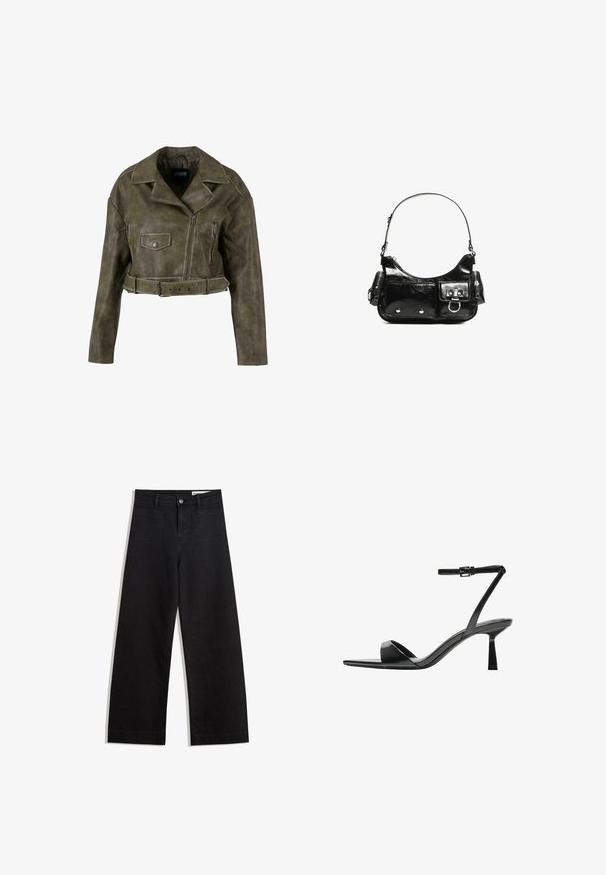 Zastrihnutá olivovo-zelená koženka s širokým golierom, predným zipsom, dvomi vreckami a detailom opaska v pase.; Tmavo hnedý pletený sveter s okrúhlym výstrihom, spustenými ramenami, rebrovanými manžetami a lemom, ktorý sa vyznačuje mäkkou textúrou a uvoľneným strihom.; Čierne denimové nohavice s širokými nohavicami a vysokým pásom, so prednými a zadnými vreckami, šitými švami a zapínaním na gombík. Hladká textúra.; Bershka Sandále na vysokom opätku - black; Čierna laková kožená kabelka s ohnutým tvarom, jedným ramenným popruhom, prednými vreckami a striebornými kovovými doplnkami.