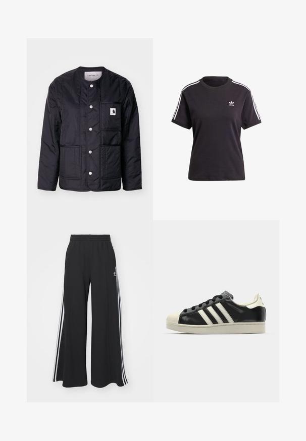 Svart, quiltet jakke med rund hals, trykknapper, en lomme med klaff, og synlige sting. Har en logo på lommen. Glatt tekstur.; Svart bomull T-skjorte med kort erme og rund hals, med hvite striper på skuldrene og en liten hvit Adidas-logo på brystet.; Svart vide joggebukser med elastisk midjebånd, med hvite sidestriper og brodert logo på venstre lår.; Svarte skinnsneakers med hvite striper, gummitopp, svarte lisser og en kremfarget såle. Glatt tekstur med blank finish.