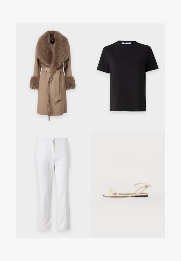 Bežinė striukė su didele dirbtinio kailio apykakle ir rankogaliais. Talija su raiščiu ir kutų detalėmis priekyje. Minkšta, tekstūruota medžiaga. Ilgos rankovės.; Juodas trumpas rankovės marškinėliai, pagaminti iš minkštos medvilnės, su apvaliu iškirpimu, laisvu pritaikymu ir lygiu paviršiumi. Nėra matomų raštų ar grafikos.; Balti medvilniniai kelnių su tiesiu kojų dizainu, turintys vidutinį liemenį ir be matomų detalių ar raštų. Lygi tekstūra visame paviršiuje.; Kreminės odinės plokščios šlepetės su plonais kryžminiais dirželiais, kulkšnies dirželiu su sagtimi, minimalistiško dizaino ir kontrastinga juoda padanga.