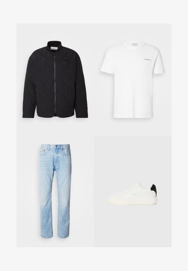Giacca nera trapuntata con colletto alto, chiusura con zip e una discreta patch con logo. Presenta una finitura testurizzata e motivi a forma di diamante.; T-shirt bianca in cotone con maniche corte e scollo rotondo. Presenta un piccolo logo nero "Calvin Klein" sul lato sinistro del petto.; Jeans in denim blu chiaro con taglio dritto, caratterizzati da sezioni sbiadite, design a cinque tasche e iconico bottone di chiusura.; Sneaker bianco in pelle con un accento nero sul tallone, caratterizzato da punta rotonda, lacci piatti e una suola bianca spessa. Logo Calvin Klein esposto.