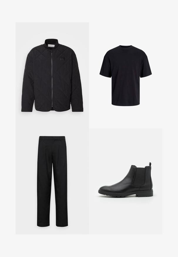 Svart quilted jakke med ståkrage, glidelås og en subtil logo-patch. Har en teksturert overflate og diamantformede mønstre.; Svart bomull t-skjorte med rund hals, korte ermer og en avslappet passform. Glatt tekstur uten synlige mønstre eller detaljer.; Sorte bukser laget av glatt stoff, med rette ben, to frontfoldninger og standard liv med beltehemper.; Sorte skinn Chelsea-støvler med elastiske sidepaneler og en pull-tab, med en avrundet tå og teksturert gummisåle.