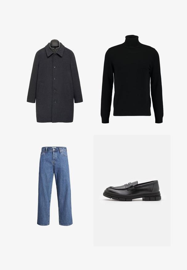 Cappotto di lana grigio scuro con collo, bottoni frontali e due tasche laterali. Presenta un design lineare e a taglio dritto.; Maglione a collo alto nero realizzato in morbido materiale knit. Presenta maniche lunghe, colletto e orlo a costine. Design semplice e lineare senza motivi.; Jeans in denim blu chiaro con una vestibilità dritta, vita alta e dettagli di cucitura minimi. Il tessuto ha una texture morbida e leggermente sbiadita.; Mocassini in pelle nera con finitura liscia, dotati di un dettaglio di cinturino anteriore e di una suola in gomma spessa con accenti scanalati.