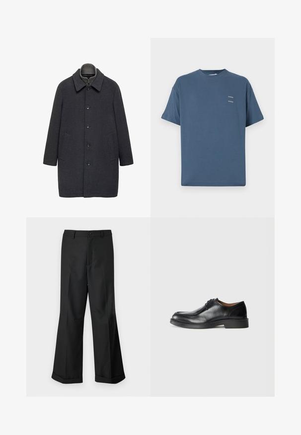 Dunkelgrauer Wollmantel mit einem Kragen, vorderen Knöpfen und zwei Seitentaschen. Besitzt ein schmal geschnittenes, gerades Design.; Helles blaue Baumwoll-T-Shirt mit klassischem Rundhalsausschnitt, kurzen Ärmeln, lockerem Schnitt und zwei kleinen bedruckten Logos auf der Brust. Glatte Oberfläche.; Schwarze weit geschnittene Hosen mit geknöpftem Bund und umgeschlagenen Säumen, vor einem schlichten weißen Hintergrund präsentiert.; Schwarze Leder-Dressschuhe mit abgerundetem Zehenbereich, glatter Oberfläche, Schnürdetails und einer niedrigen, strukturierten Gummisohle. Saubere Linien und minimalistisches Design.