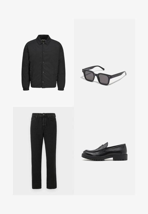 Sort polstret jakke lavet af letvægtsmateriale, med spids krave, trykknaplukning foran og elastiske manchetter. Enkelt design med sidelommer.; Hvid bomulds T-shirt med korte ærmer, rund halsudskæring og en afslappet pasform. Glat tekstur uden synlige mønstre eller detaljer.; Sorte lige ben denim jeans med frontknap og lynlås, bælte løkker og fem-lomme design, vist på hvid baggrund.; Sorte læder loafers med rund tå, slip-on design og tyk gummisål med tekstureret greb. Forhøjet hæl og subtile syninger.; Sorte rektangulære solbriller med mørke linser, der har en tyk ramme, subtile detaljer på siderne og uden synlige logoer udover mærkenavnet.; Sølv rustfrit stål kvartsur med en sort rektangulær urskive, der har analoge visere, digital skærm og vandtæt label.