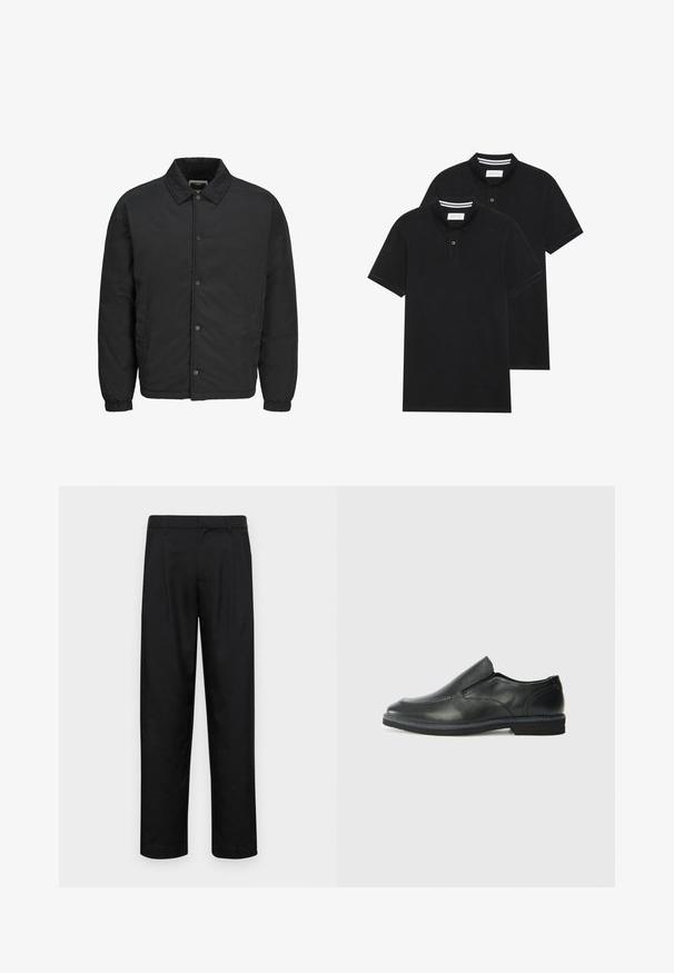 Zwarte gewatteerde jas van lichtgewicht materiaal, met een puntkraag, drukknoopsluiting aan de voorkant en elastische manchetten. Eenvoudig ontwerp met zijzakken.; Twee zwarte polo shirts, met korte mouwen, van katoen, met een klassieke kraag, een knoopsluiting met twee knopen en witte gestreepte accenten aan de binnenkant van de kraag.; Zwarte broeken van gladde stof, met een recht model, twee voorknikken en een standaard tailleband met riemlussen.; Zwarte leren instapper met een soepele bovenkant, gestikte accenten, ronde neus en een lage rubberen hak. De zool heeft minimale profiel.