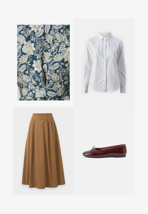 Kangas bermotif bunga dalam nuansa biru dan krim, menampilkan tekstur quilted dan desain pinggang dengan sabuk.; Valkoinen napitettava paita, joka on valmistettu sileästä puuvillasta. Paidassa on klassinen kaulus, pitkät hihat ja kaareva helma. Nappien koko on pieni ja ne ovat valkoiset.; Ruskea puuvillainen A-linjainen hame korkealla vyötäröllä, jossa on laskokset edessä ja sileä pinta. Helma on viimeistelty siististi ja yksinkertaisesti.; Burgundin värinen lakattu nahkainen ballerinatossu pyöreällä varvaskärjellä, pienen nauhan yksityiskohdalla edessä ja matalalla mustalla kumipohjalla. Sujuva pinta.