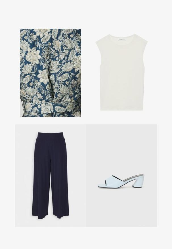 Bloemmotief stof in tinten blauw en crèmekleur, met een gequilt textuur en een ontwerp met ceintuur in de taille.; Witte mouwloze top met een ronde halslijn. Gemaakt van gladde stof, het heeft een losse pasvorm en een minimalistisch ontwerp. Geen patronen of accenten.; Wijd-uitlopende broek in donkerblauwe stof met een geribbeld patroon. Heeft een gladde tailleband en een vloeiende silhouet, die tot halverwege de kuiten reikt.; Lichtblauwe open teen hakmules met een geometrisch ontwerp, voorzien van een brede band over de voet en een forse, hoekige hak.