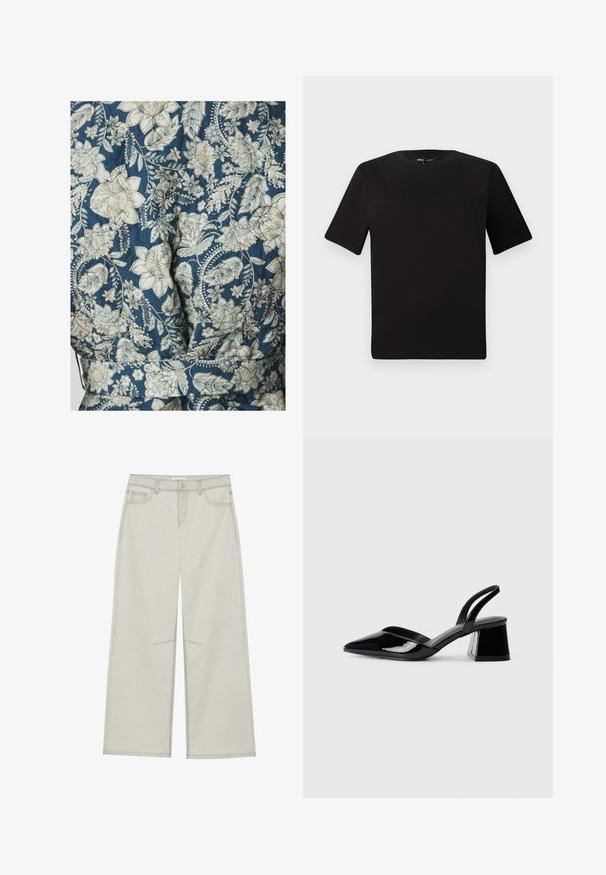Blumenmusterstoff in Blau- und Cremetönen, mit gestepptem Textur und einem taillierten Design.; Schwarzes T-Shirt mit kurzen Ärmeln und Rundhalsausschnitt, aus weichem Baumwollmaterial gefertigt. Schlichtes Design, keine sichtbaren Logos oder Muster.; Hellgraue, weit geschnittene Hose mit fünf Taschen, vorderem Knopfverschluss und kontrastierenden Nähten. Der Stoff wirkt weich und langlebig.; Schwarze Lackleder-Slingback-High Heels mit spitzem Schuh und einem geometrischen Blockabsatz. Verfügt über ein schlankes, minimalistisches Design und eine glatte Textur.