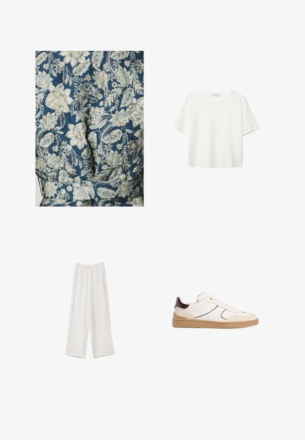 Tessuto con motivo floreale in diverse tonalità di blu e crema, caratterizzato da una trama trapuntata e un design con vita cinturata.; T-shirt bianco a maniche corte realizzato in cotone. Presenta un collo tondo e una vestibilità rilassata. Texture liscia senza motivi o dettagli visibili.; Pantaloni a gamba larga bianchi realizzati in un tessuto leggero. Presentano una vita elastica con cordoncino e tasche laterali. Texture liscia.; Stradivarius Sneakers basse - white