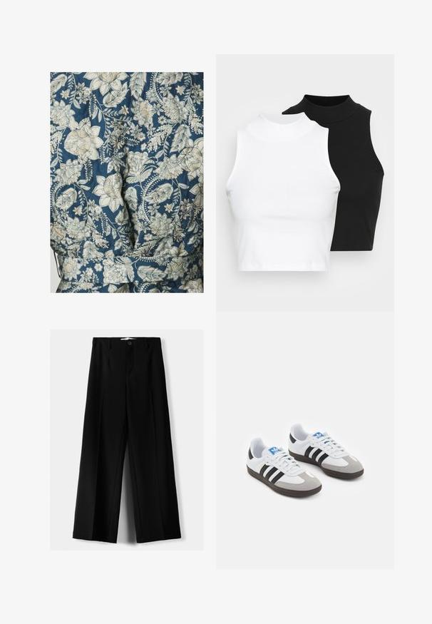 Kangas bermotif bunga dalam nuansa biru dan krim, menampilkan tekstur quilted dan desain pinggang dengan sabuk.; Kaksi hihattomaa ribattua kauluspaitaa mustana ja valkoisena, joissa on istuva muotoilu ja sileä rakenne, sekä lyhyt pituus.; Mustat leveälahkeiset housut, jotka on valmistettu kevyestä kankaasta. Housuissa on etunappikiinnitys ja tasainen etuosa, sekä huolellisesti ommellut helmat.; Urheilukengät, joissa on valkoinen nahkainen päällinen, harmaa mokkanokka ja kolme mustaa raitaa. Ominaisuuksina sininen logo kielekkeessä ja kuvioitu kumipohja.