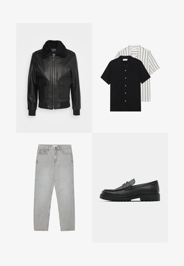 Schott Giubbotto Bomber - black; Due camicie a manica corta: una nera uniforme, l'altra bianca con strisce verticali nere. Entrambe presentano chiusure a bottoni e un colletto classico.; Pantaloni in denim grigio chiaro con design a gamba dritta, stile a cinque tasche e chiusura con bottone. Cuciture visibili lungo le cuciture.; Mocassini in pelle nera con punta rotonda, caratterizzati da un design cucito, suola piatta bassa e un battistrada in gomma testurizzata e scolpita.