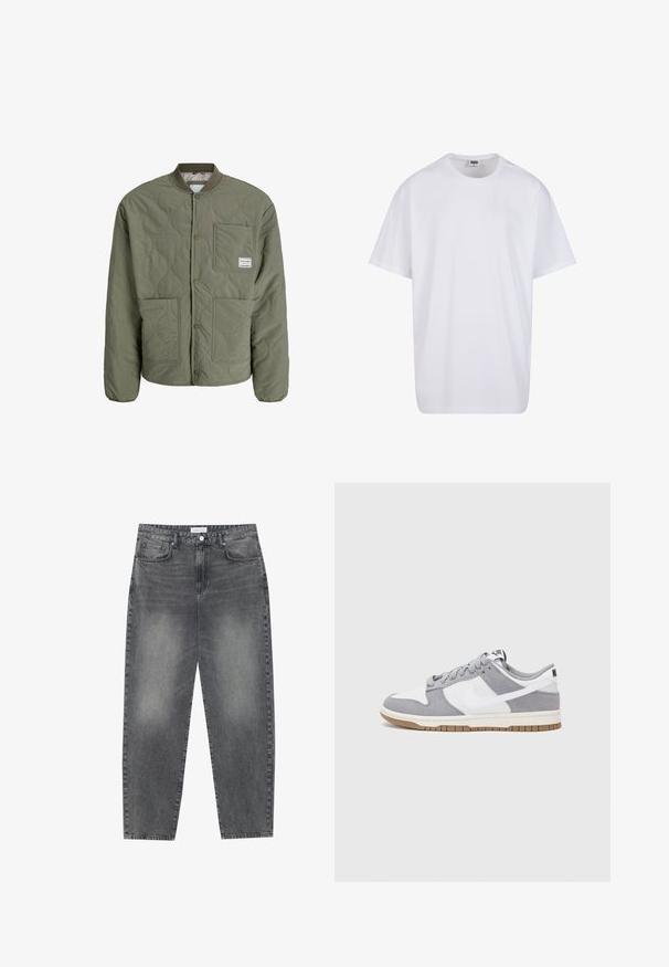 Quiltet bomberjakke i olivengrøn, med ribkantet krave, trykknapper, to frontlommer og tekstureret mønster på stoffet.; Hvid bomulds t-shirt med korte ærmer, rund halsudskæring, afslappet pasform, og ingen synlige logoer eller mønstre. Glat tekstur og minimalistisk design.; Høj talje, løstsiddende jeans i falmet sort denim. Har fem lommer, bæltestropper og et rent, lige ben design.; Grå og hvid sneaker med en overdel i ruskind og læder, rund tå, flade snørebånd og en gummisål med en gummifarvet detalje.