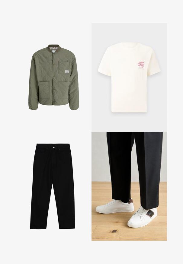 Giacca bomber trapuntata verde oliva, con colletto a coste, bottoni a pressione, due tasche frontali e motivo testurizzato sul tessuto.; T-shirt bianco a maniche corte con testo rosso "Studio Originals Edition" sul lato sinistro del petto, esposto su uno sfondo grigio neutro.; Pantaloni in denim nero con taglio dritto, design a cinque tasche e chiusura frontale con bottone. Tessuto liscio con dettagli di cucitura minimi.; Sneakers bianchi dalla texture liscia, con dettagli in pelle marrone e particolari neri, abbinati a pantaloni neri su misura. Sfondo in parquet.