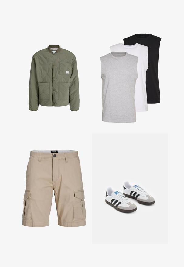 Kurtka bomberka pikowana w oliwkowym kolorze, z ribbowanym kołnierzem, napami, dwoma przednimi kieszeniami oraz teksturowanym wzorem na materiale.; Trzy bezrękawniki w kolorach szarym, białym i czarnym. Wykonane z miękkiej bawełny, z okrągłym dekoltem i luźnym krojem. Prosty design, bez wzorów.; Beżowe szorty typu cargo wykonane z bawełny, z wieloma bocznymi kieszeniami, z zapięciem na guzik w talii oraz prostym krojem.; Buty sportowe z białą skórzaną cholewką, szarym zamszowym noskiem i trzema czarnymi paskami. Posiadają niebieskie logo na języku oraz teksturowaną gumową podeszwę.
