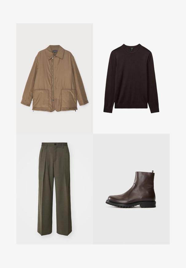Rudas paminkštintas švarkas su apykakle, priekyje užtrauktuku, dviem didelėmis kišenėmis ir šiek tiek blizgesio. Paprastas dizainas su laisvu siluetu.; Reiss Džemperis - dark bordeaux; Filippa K WIDE TROUSERS - Kelnės - driftwood; Rudos odinės aulinukai iki kulkšnies su lygiu paviršiumi, elastingomis šoninėmis dalimis, užtrauktuku gale ir sunkiu guminėm padu.