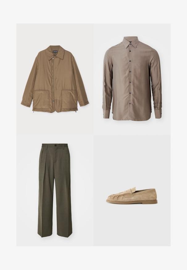 Braune gepolsterte Jacke mit Kragen, Reißverschluss vorne, zwei großen Taschen und leichter Glanz. Einfaches Design mit entspannter Passform.; Langarmhemd in taupe Farbe, aus glattem Stoff gefertigt, mit einer Knopfleiste vorne und dunklen Knöpfen, sowie einem kleinen Logo auf der Brust.; Filippa K WIDE TROUSERS - Stoffhose - driftwood; Beige Wildleder Slipper mit einer gerafften Gestaltung, ausgestattet mit einer flachen Sohle und einem dekorativen Riemen über dem Rist. Glatte Textur.