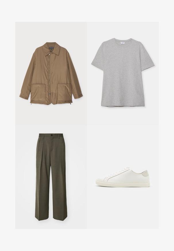 Brown padded jacket with a collared neck, front zip closure, two large pockets, and slight sheen. Simple design with a relaxed fit.; Gray short-sleeve T-shirt made from soft, textured fabric. Features a classic crew neck and a straight hem, suitable for casual wear.; Filippa K WIDE TROUSERS - Trousers - driftwood; White leather sneaker with a smooth surface, round toe, and minimalistic design. Features beige accents on the heel and a rubber sole.