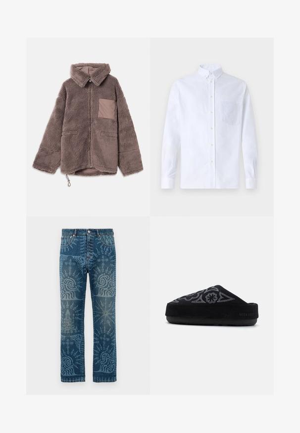 Brūna, pūkaina fļēsu jaka ar apkakles kaklu, ar rāvējslādzi, divām priekšējām kabatām un gaišāku brūnu kabatas detaļu.; Balts garo piedurknēm krekliņš ar pogām, izgatavots no kokvilnas, ar krūšu kabatu ar tonālu izšuvumu, apkakli un pogām pie piedurknēm.; Denim džinsi vidēji zila tonī, ar sarežģītiem gaiši zila rakstiem, taisnu kāju dizainu, klasisku piecu kabatu stilu un pogu aizdari.; Melna zamšāda slīdņā kurpe ar izšūtu dizainu, noapaļota purngala, bieza zole un teksts "MOON BOOT" uz papēža. Strukturēta virsma.