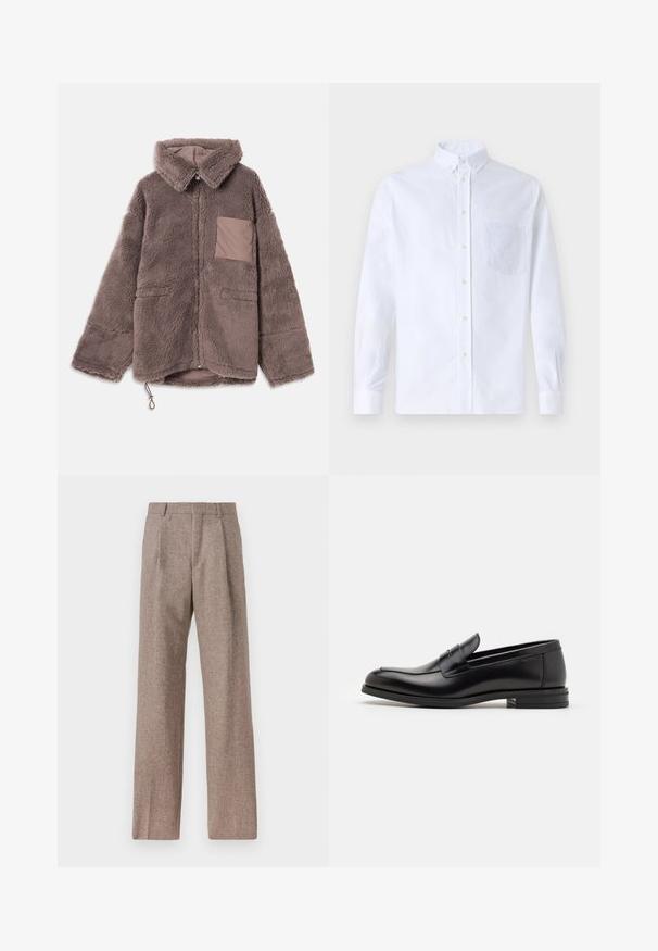 Ruda, pūkuota vilnos striukė su apykakle, užtrauktuku, dviem priekinių kišenių ir šviesiai rudos kontrastingos kišenės detalėmis.; Balta ilga rankovė mygtukų marškiniai, pagaminti iš medvilnės, su krūtine kišene ir toniniu siuvinėjimu, apykakle ir mygtukų apvadu.; Rudos, aukšto liemens kelnes, pagamintas iš tekstūruotos medžiagos. Plati kojos, dvi priekinės klostės struktūrai. Tvarkingas apdailos darbai, be matomų detalių.; Juodos odinės loafers, turinčios lygų paviršių, apvalią noselę ir dekoratyvinę juostą per priekinę dalį. Žemas krentantis kulnas, minimalistinis dizainas.