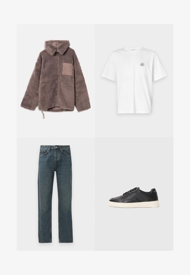 Brązowa, puszysta kurtka z polaru z kołnierzykiem, zamkiem błyskawicznym, dwoma przednimi kieszeniami i kontrastowym detalem kieszeni w odcieniu beżowym.; Biała koszulka z bawełny z krótkimi rękawami, okrągłym dekoltem i małym szarym logo po lewej stronie klatki piersiowej. Gładka tekstura.; Granatowe jeansy z prostymi nogawki, z pięcioma kieszeniami, z zapięciem na guzik i kontrastującymi detalami przeszycia.; Czarne skórzane sneakersy o teksturowanym wykończeniu, okrągłym nosku i płaskiej białej gumowej podeszwie. Zawierają czarne sznurówki oraz znak firmowy na pięcie.