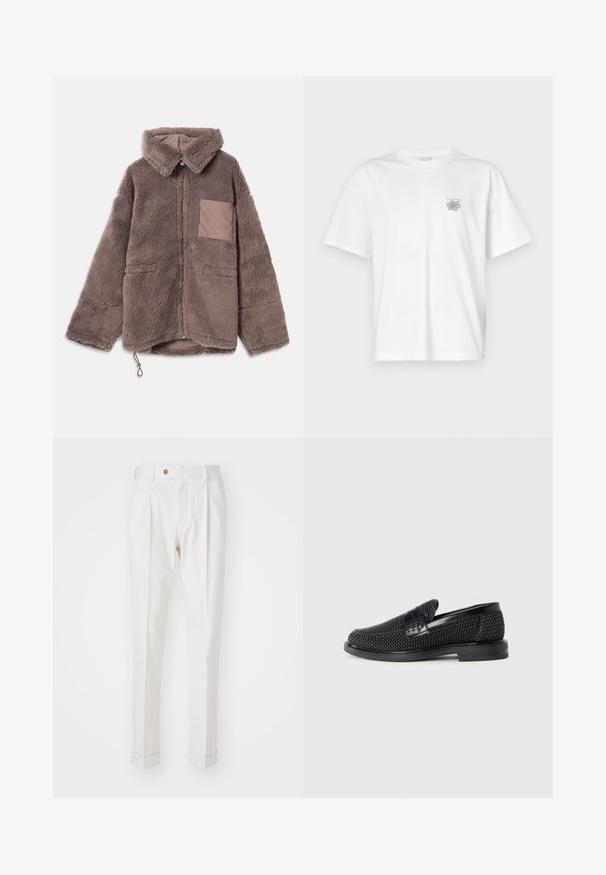 Giacca in pile marrone e morbida con colletto, chiusura con zip, due tasche anteriori e dettagli di tasca in contrasto color beige.; T-shirt bianca in cotone con maniche corte, colletto tondo e un piccolo logo grigio nella zona sinistra del petto. Texture liscia.; Pantaloni bianchi su misura con frontale liscio, due plissettature e risvolti. Realizzati in un tessuto morbido con chiusura a bottone in vita.; Scarpa nera a mocassino intrecciata con un accentuato in pelle liscia sulla parte superiore, design a punta rotonda e suola in gomma a profilo basso.