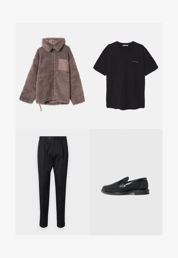 Καφέ, φουντωτό φλις μπουφάν με γιακά, κλείσιμο με φερμουάρ, δύο μπροστινές τσέπες και λεπτομέρειες σε ταν χρώμα στην τσέπη.; Μαύρο βαμβακερό T-shirt με στρογγυλή λαιμόκοψη, κοντά μανίκια και λευκή εκτύπωση λογότυπου στην αριστερή πλευρά του στήθους. Απλός, μονόχρωμος σχεδιασμός.; Μαύρο παντελόνι από μαλακό ύφασμα, με πλαϊνές πιέτες στο μπροστινό μέρος, κουμπί κλεισίματος και διπλωμένα μανίκια στον αστράγαλο.; Μαύρο πλεκτό παπούτσι slip-on με λείο δερμάτινο στοιχείο στο άνω μέρος, στρογγυλή μύτη και χαμηλό καουτσούκ πάτο.