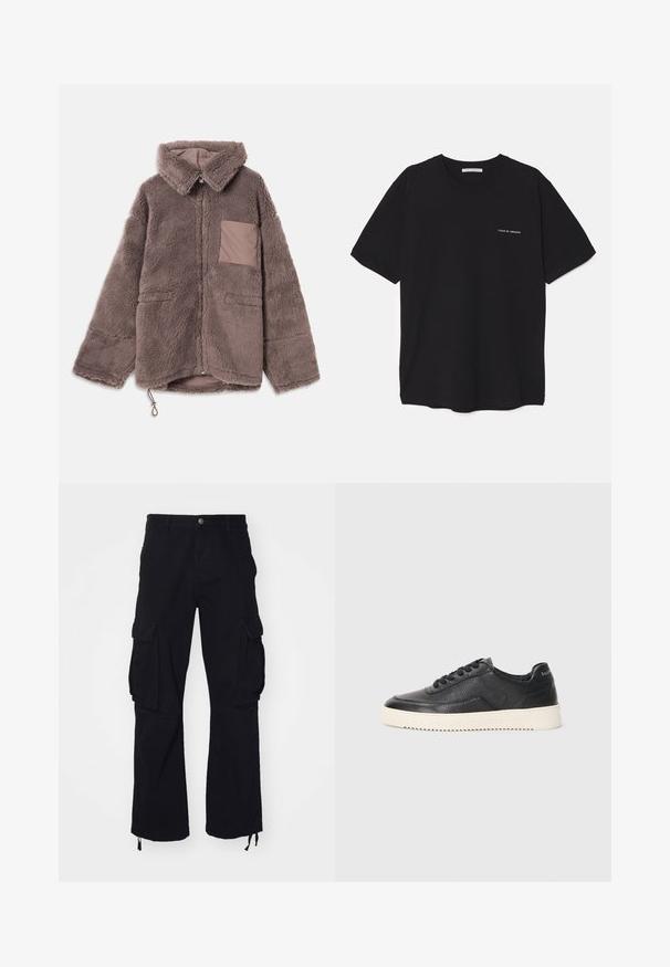 Brown, fluffy fleece jacket with a collared neck, zip closure, two front pockets, and a tan contrasting pocket detail.; Black cotton T-shirt with a crew neck, short sleeves, and a white logo print on the left chest. Simple, solid color design.; Black cargo pants made of cotton, featuring two large side pockets, drawstring hems, and a straight-leg design.; Black leather sneaker with textured finish, round toe, and flat white rubber sole. Features black laces and branding on the heel.