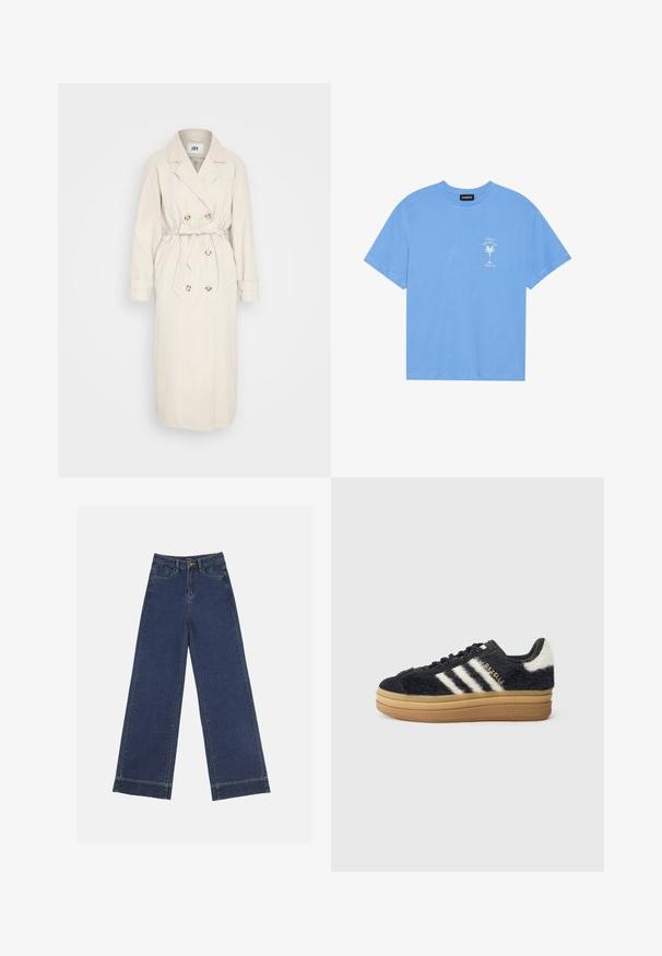 Béžový trenčkot vyrobený z hladkej látky, s dvojradovým zapínaním, opaskom v páse a gombíkovými detailmi. Dlhé rukávy s detailom manžiet.; Svetlo modré bavlnené tričko s okrúhlym výstrihom. Na ľavej strane hrude sa nachádza biely grafický motív palmy a text. Krátke rukávy.; Džínsy s širokými nohavicami v tmavomodrom denime. Majú päť vreciek, pútka na opasok a surový spodný lem s viditeľnými švy.; Čierne chlpaté tenisky s bielymi pruhmi a zlatým písmom, s hrubou gumovou podrážkou a textúrovaným vrchom. Ozdobené fuzzy chrbátom.