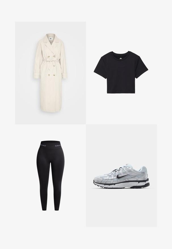 Beżowy płaszcz trench z gładkiego materiału, z podwójnym zapięciem na guziki, paskiem w talii i akcentami w postaci guzików. Długie rękawy z detalami mankietów.; Czarna krótka koszulka z krótkimi rękawami, okrągłym dekoltem, wykonana z gładkiego materiału. Minimalistyczny design bez widocznych wzorów czy akcentów.; Czarne legginsy wykonane z elastycznego materiału z wysokim elastycznym paskiem w talii, na którym widnieje tekst "SMIL" w kolorze białym. Gładka faktura i dopasowany fason.; Nike P-6000 sneakers z jasnoszarym siateczkowym wierzchem, czarnymi akcentami i trwałą czarną gumową podeszwą. Charakteryzują się skomplikowanym wzornictwem i systemem sznurowania.