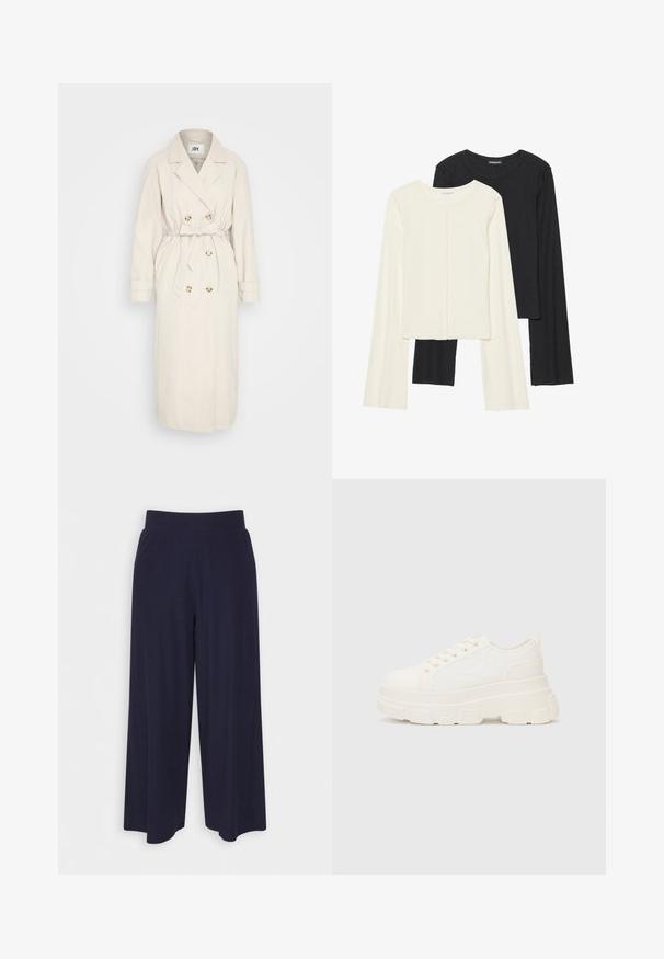 Smėlinis pertraukiklis, pagamintas iš lygaus audinio, su dvigubai užsegamu priekiu, diržo akcentu juosmenyje ir sagų detalėmis. Ilgos rankovės su atlapų ornamentu.; Dviejų ilgomis rankovėmis marškinėlių rinkinys, baltas ir juodas. Raukšlėta tekstūra, apvalus kaklas, prigludusi forma su šiek tiek platėjančiomis rankovėmis.; Plati kojinės tamsiai mėlynos spalvos audiniu su vagelėmis. Turi lygų juosmenį ir laisvą siluetą, kuris siekia iki pusės blauzdos.; Balti drobės sportbačiai su storu padu, apvalia nosimi ir penkiomis akytėmis raištams. Gale yra kilputė, kad būtų lengva užsidėti. Sklandus paviršius, minimalistinis dizainas.