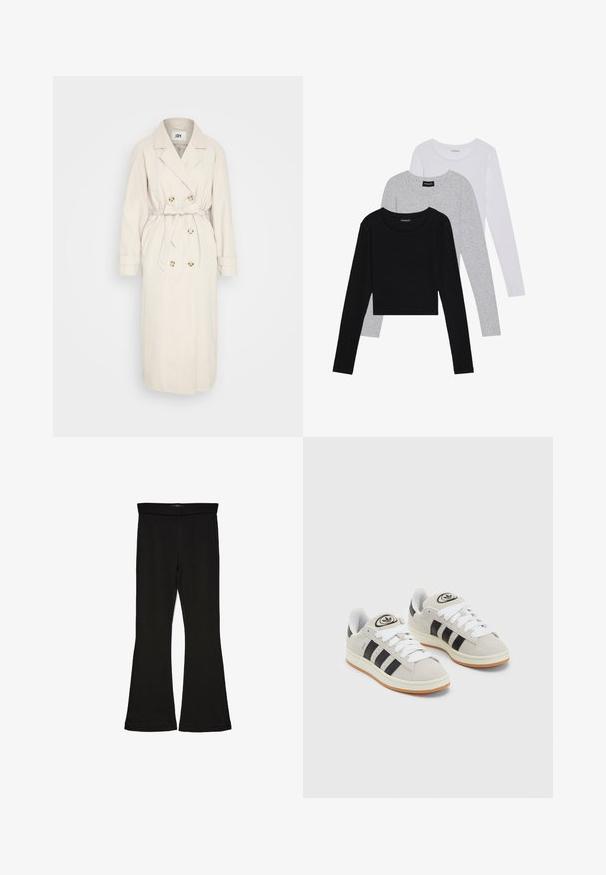 Béžový trenčkot vyrobený z hladkej látky, s dvojradovým zapínaním, opaskom v páse a gombíkovými detailmi. Dlhé rukávy s detailom manžiet.; Tričko s dlhým rukávom v troch farbách: čiernej, sivej a bielej. Každé má okrúhly výstrih a skrátený strih vyrobený z hladkej, ľahkej tkaniny.; Čierne legíny s flared strihom vyrobené z elastického materiálu. Majú široký pás a hladkú textúru, s priliehavým siluetom, ktorý sa na okraji rozširuje.; Sivé semišové tenisky s bielymi šnúrkami, čiernymi pruhmi a bielou gumovou podrážkou. Obsahujú okrúhly logo na jazyku a gumenú podrážku.