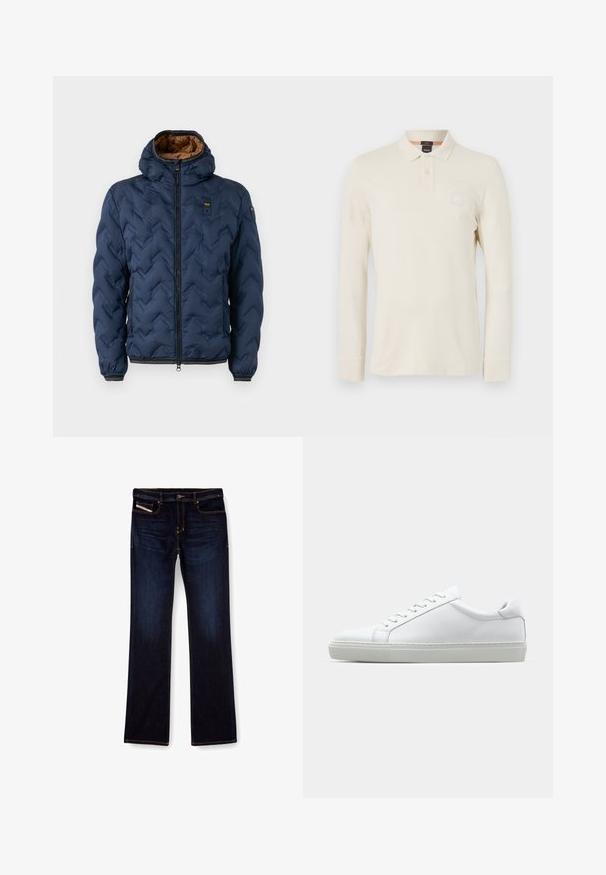 Temno modra prešita jakna s kapuco, sprednja zadrga, dve zadrgani žepki in rjav notranji podložek, prikazana na beli podlagi.; Polo majica z dolgimi rokavi v svetlo bež barvi, izdelana iz gladkega blaga, z ovratnikom polo, dvobočnim zapenjanjem in majhno logo nalepko na prsih.; Temno modri jeans z ravnim krojem nogavic, s pomarančnim šivom, z zadrgo in sprednjimi žepi. Gladka tekstura in standardni pas.; Bela športna obutev z gladkim usnjenim zgornjim delom in nizkim profilom. Ima zaokrožen nos, šest lukenj za vezalke in teksturiran gumijast podplat.