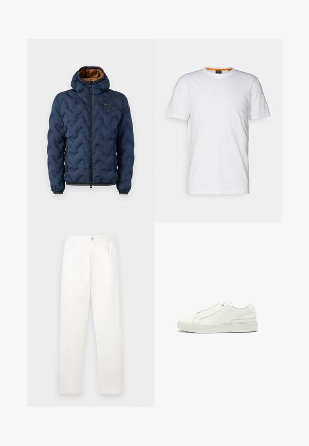 Marineblaue Steppjacke mit Chevron-Muster, Reißverschluss vorne und abnehmbarer Kapuze. Mit braunem Stoff gefüttert und ausgestattet mit elastischen Bündchen und Saum.; Weißes Baumwoll-T-Shirt mit Rundhalsausschnitt, kurzen Ärmeln und einem dezenten geprägten Logo auf der Brust. Das Innenschild hat einen orangefarbenen Akzent.; Weiße Hose aus glattem Gewebe, mit geradem Bein, Vorderfalten und einem einzelnen Knopfverschluss an der Taille.; Weiße Leder-Sneaker mit strukturierter Oberseite, runder Zehenform, minimalistischem Design und Gummisohle mit gestickten Details.