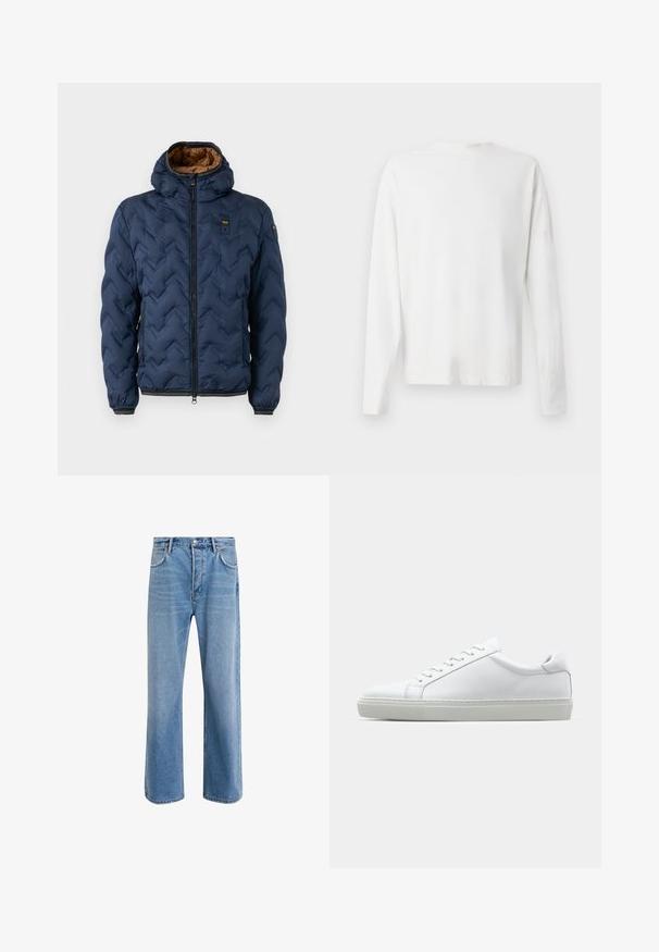Tamnoplavi jastučasti kaput s kapuljačom, prednjim patentnim zatvaračem, dva džepa s patentnim zatvaračem i smešnom unutrašnjom postavom, prikazan na bijeloj pozadini.; Bijela pamučna košulja dugih rukava s okruglim izrezom, bočnim prorezima pri dnu i glatkom teksturom, prikazana s leđa.; Svijetloplave traperice s ravnim nogavicama, pet džepova, zatvaranjem na gumb, minimalnim izbljeđivanjem i kontrastnim šavovima.; Bijela tenisica s glatkim kožnim gornjim dijelom i niskim profilom. Ima zaobljen vrh, šest rupica za vezanje i teksturiranu gumenu podlogu.