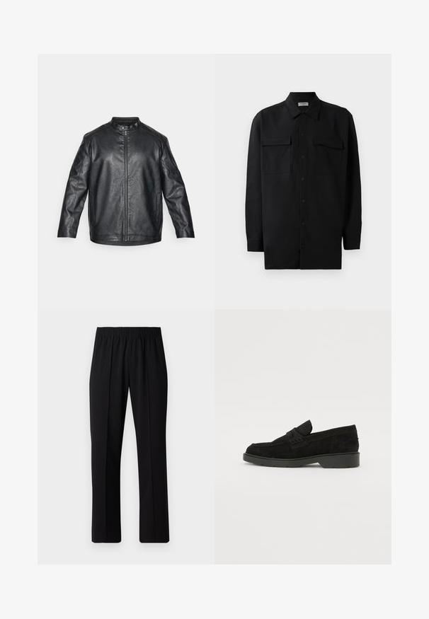 Schwarze Lederjacke mit Mandarin-Kragen, Frontreißverschluss und sichtbaren Nähdetails; bietet einen lässigen Schnitt und lange Ärmel.; Schwarzes Hemd mit Knopfleiste aus glattem Stoff, das einen klassischen Kragen, zwei Brusttaschen und lange Ärmel mit Knopfmanschetten aufweist.; Schwarze, Gummibund-Hosen mit geradem Schnitt, die eine glatte Textur aufweisen und keine sichtbaren Muster oder Beschläge haben.; Schwarze Wildleder-Slipper mit niedrigem Absatz, ausgestattet mit einem einfachen Band über dem Obermaterial und texturierten Details an den Seiten.